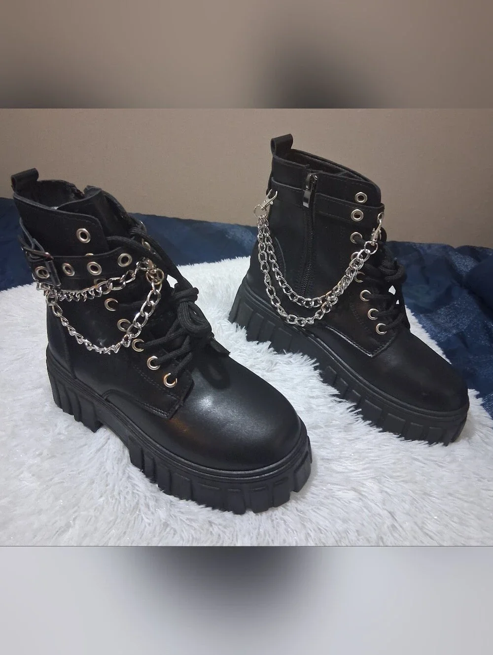 Black Kid's Platform Combat Boots with Silver Chains